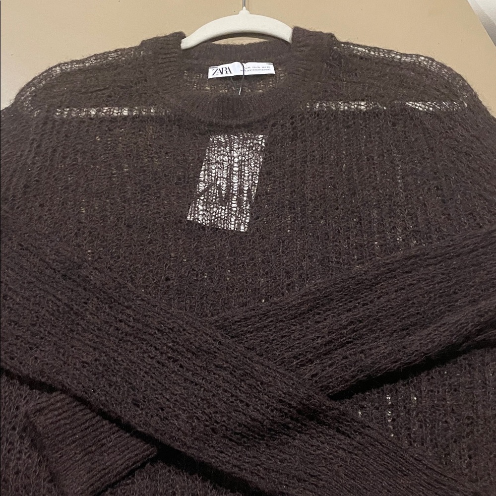 Zara Black Open-Knit Crew Neck Sweater